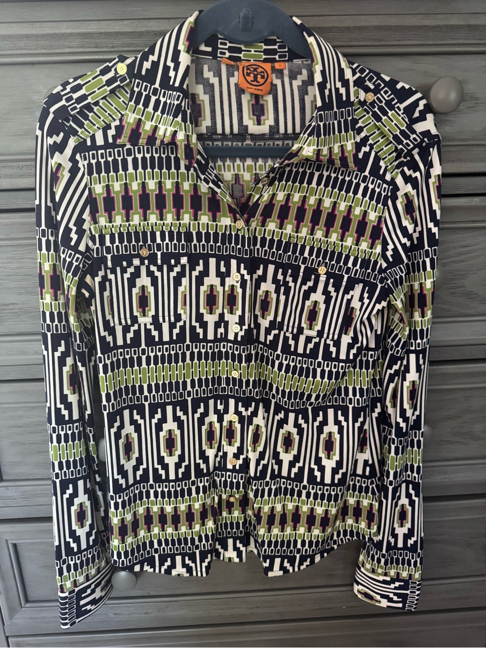 Tory Burch Geometric Button-Up Blouse in Black, White, Navy, & Olive.